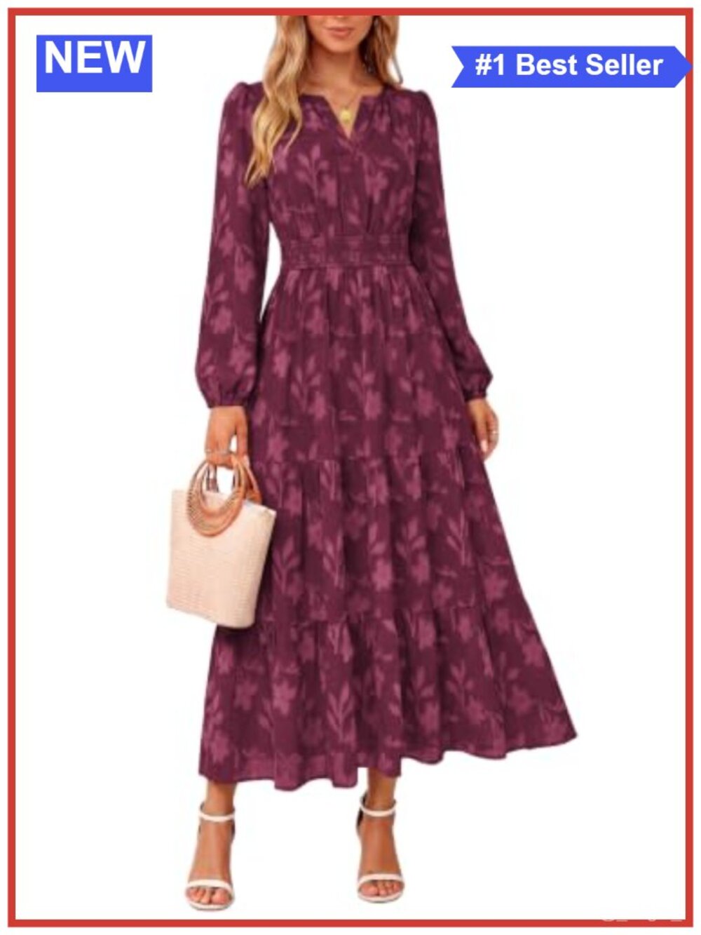 Womens Long Sleeve Maxi Dress 100% Polyester Smocked Waist Wedding Guest with